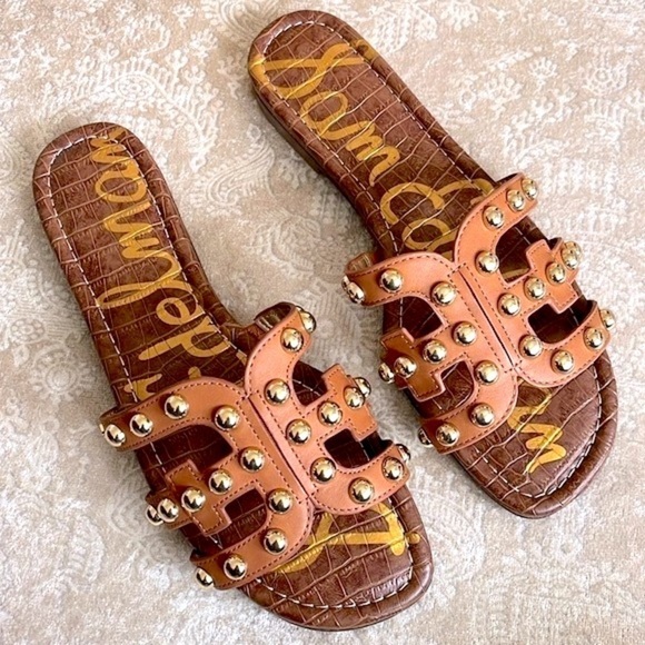 Brand New Sam Edelman Genuine Leather Sandals Cognac w/ Gold Tone Studs - Picture 14 of 14